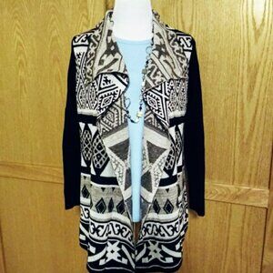 Lucky Brand Drape Front Jacquard Long Cardigan 1X Multicolor Black Beige BOHO